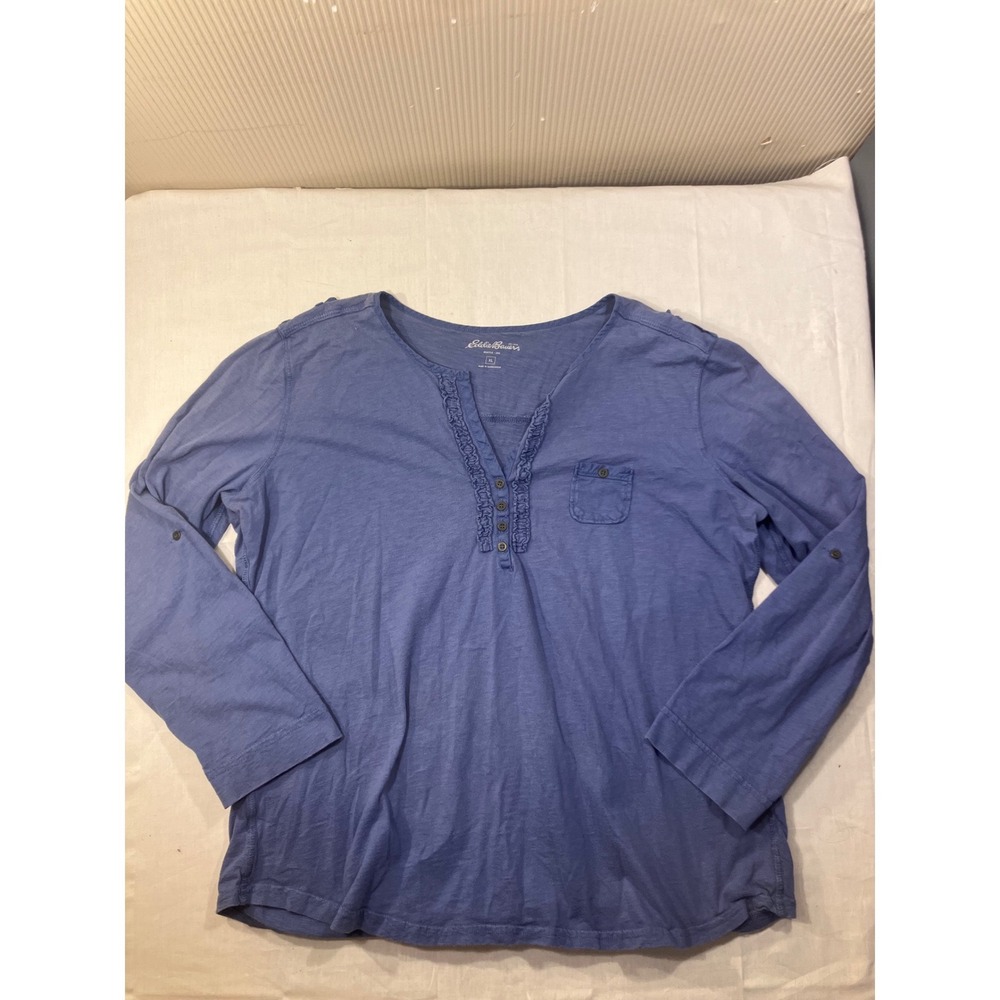 Eddie Bauer Womens Blue Long Sleeve Henley Shirt Size XL Cotton Ruffle‎ Detail